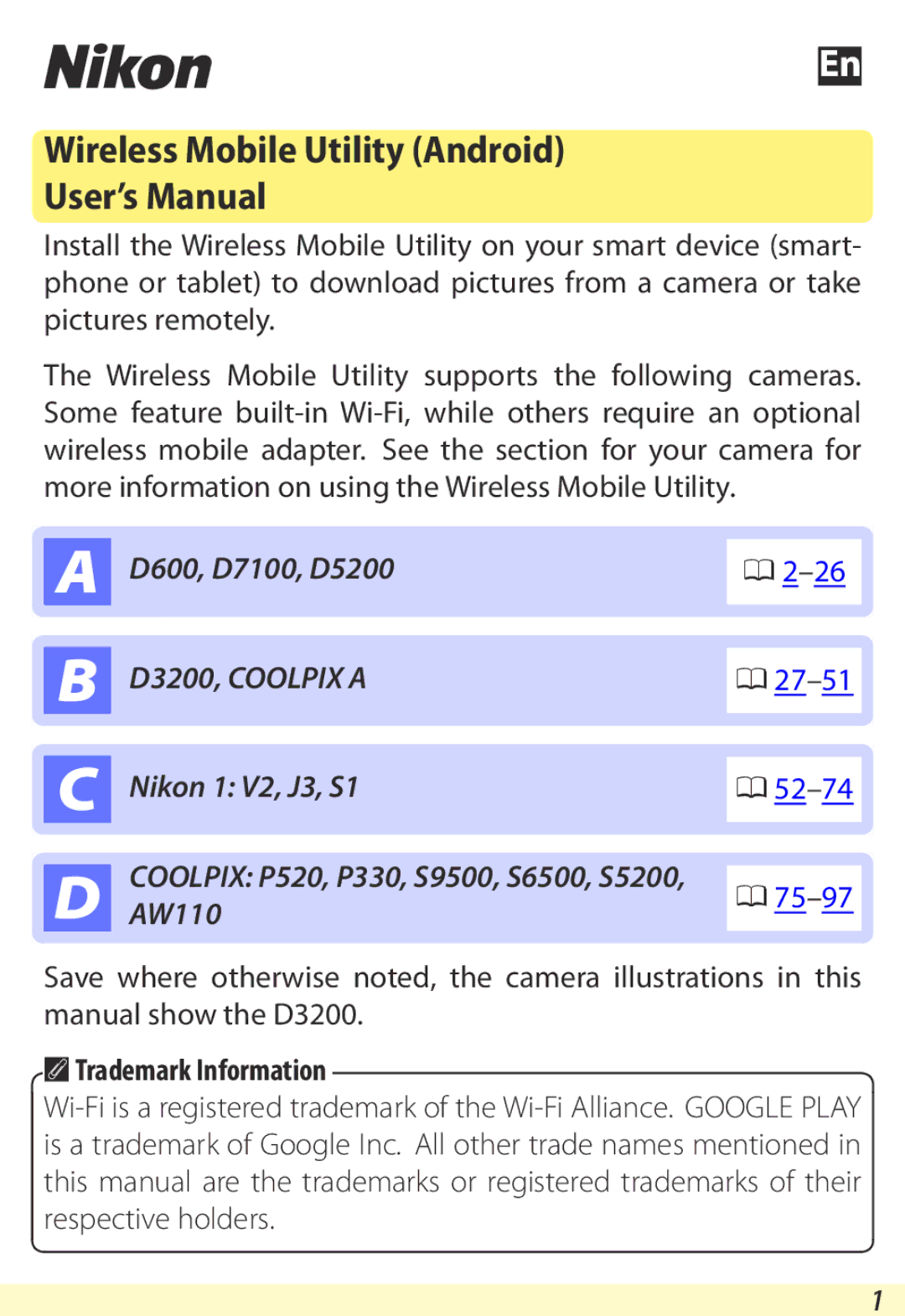 Nikon D600 user manual Wireless Mobile Utility Android User’s Manual,  Trademark Information 